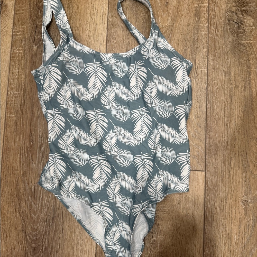 Pink Lily Blue Green Palm Leaf One-Piece Swimsuit